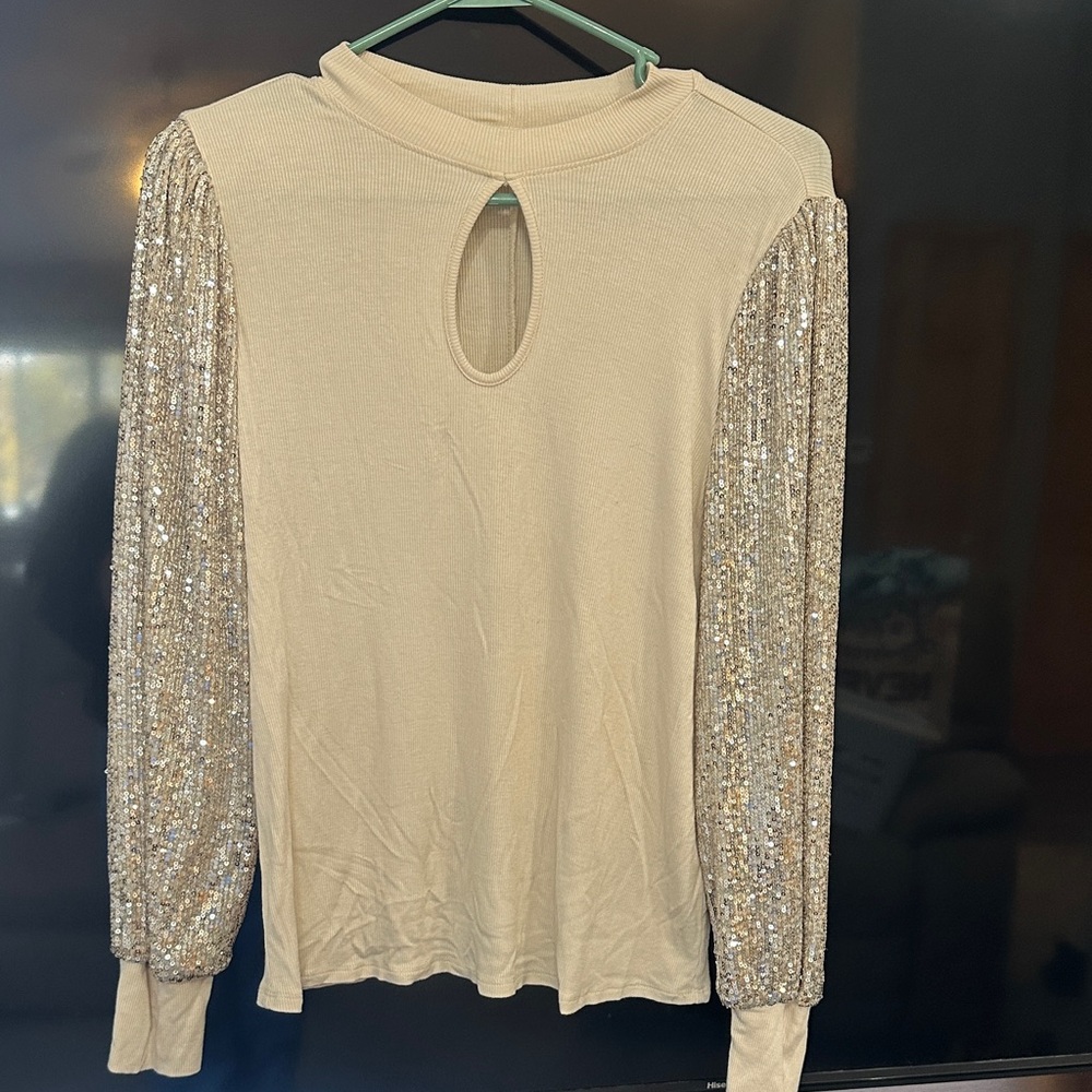 Sequin Sleeve Cream Top—Perfect Holiday Shirt